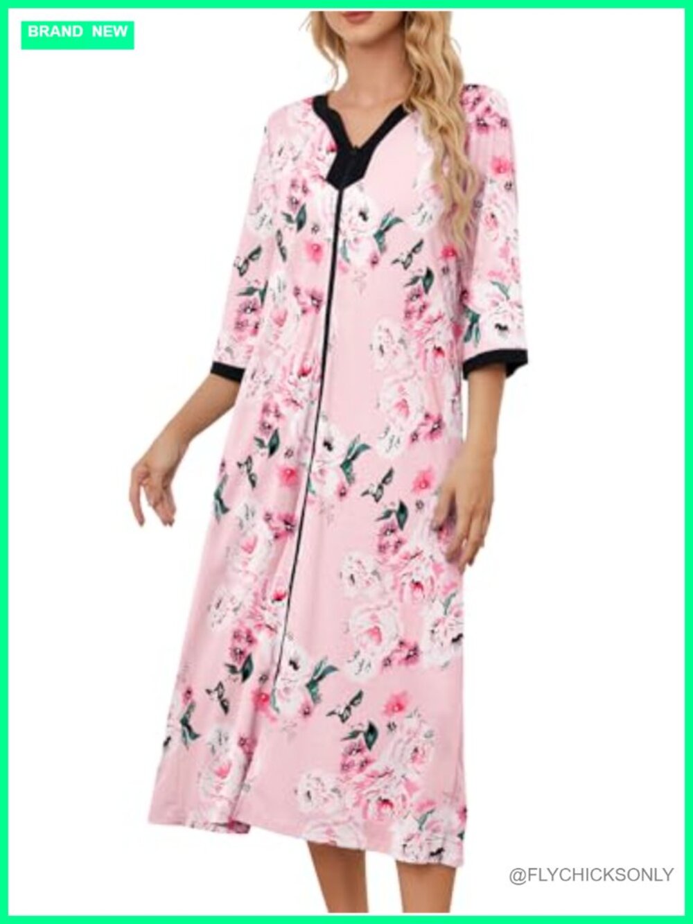 Zipper Front Housecoat Robe with Pockets V-Neck Cotton Rayon Spandex Midi